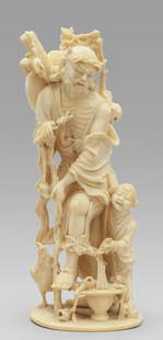 Saggio con fanciullo, scultura in avorio,: Saggio con fanciullo, scultura in avorio, Giappone fine sec.XIX h.cm.22