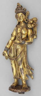 Scultura in bronzo dorato raffigurante divinitÃ : Scultura in bronzo dorato raffigurante divinitÃ induista femminile in karana e varada mudra, Cina dinastia Qing h.cm.16