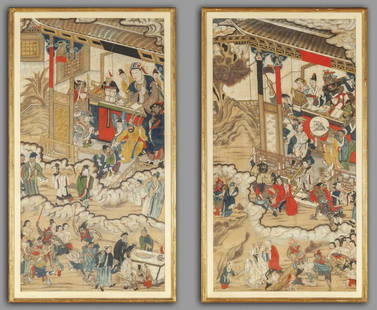 "Scene dell'inferno" coppia di panneli dipinti a: "Scene dell'inferno" coppia di panneli dipinti a tempera su carta, Cina sec.XVIII cm. 72x135