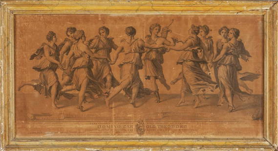 "La danza delle Muse" antica stampa da Giulio: "La danza delle Muse" antica stampa da Giulio Romano, cornice in legno intagliato e laccato a finto marmo cm. 85x44