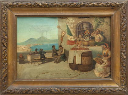 Scuola napoletana fine sec.XIX "Veduta del: Scuola napoletana fine sec.XIX "Veduta del Vesuvio con allegoria dell'unitÃ d'Italia" olio cm. 38x26