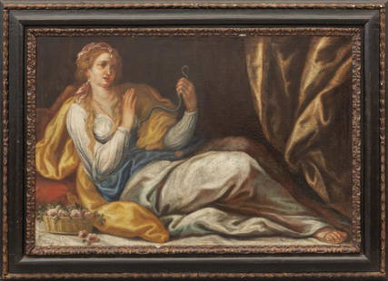 Scuola toscana sec.XVII "Cleopatra" olio, cornice: Scuola toscana sec.XVII "Cleopatra" olio, cornice antica in legno intagliato e laccato cm. 150x102