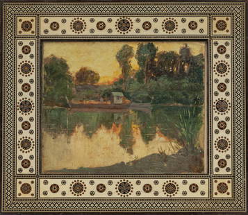 Scuola genovese inizi sec.XX "Paesaggio lacustre": Scuola genovese inizi sec.XX "Paesaggio lacustre" olio, cornice in legno intarsiato in osso cm. 32x36