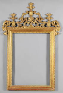 Cornice di specchiera Luigi XIV in legno: Cornice di specchiera Luigi XIV in legno intagliato e dorato, sec.XVIII cm. 110x170, restauri