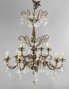 Lampadario a quindici luci in lamierino e: Lampadario a quindici luci in lamierino e cristalli, fine sec.XIX diam.cm.90xh.100