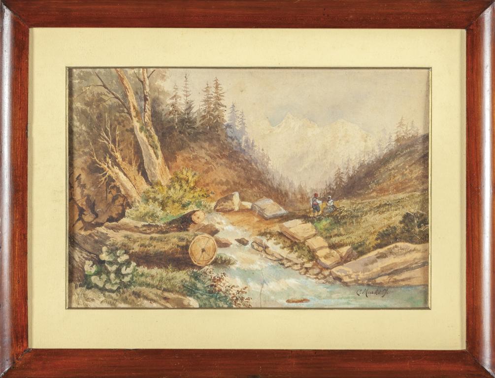 CARLO MARKO' (1822-1891) Sulle rive del: CARLO MARKO' (1822-1891) Sulle rive del torrente acquarello cm.40x27 f.to in b.a ds.