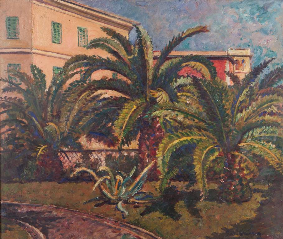 PIERO MARUSSIG (1879-1937) Palme a Sturla: PIERO MARUSSIG (1879-1937) Palme a Sturla olio su tavola cm 60x70 firmato in basso a destra sul retro: etichetta della Galleria Milano, Milano Palme a Sturla oil on board 23,62x27,55 in signed lower r