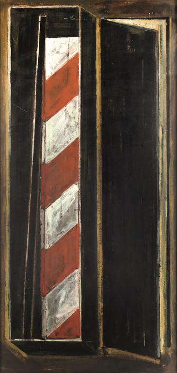 MARCO TIRELLI (1956-) Senza titolo: MARCO TIRELLI (1956-) Senza titolo 1987 tecnica mista su tavola cm 195x94 firmato, datato e titolato sul retro dedica all'attuale proprietario su cartoncino Untitled 1987 mixed media on board 76,77x37