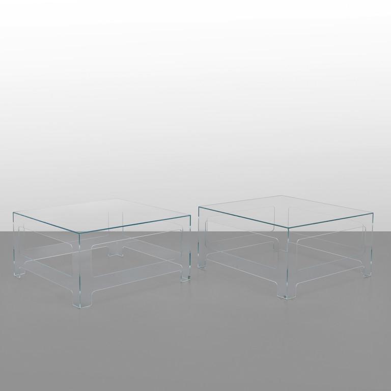JASPER MORRISON Due tavolini 'Nezu' per GLAS: JASPER MORRISON Due tavolini 'Nezu' per GLAS ITALIA, primi anni 2000. Cristalli temperati termosaldati. Altezza cm 35, lunghezza 70, profonditÃ 70. A pair of coffee tables 'Nezu' manufactured by GL