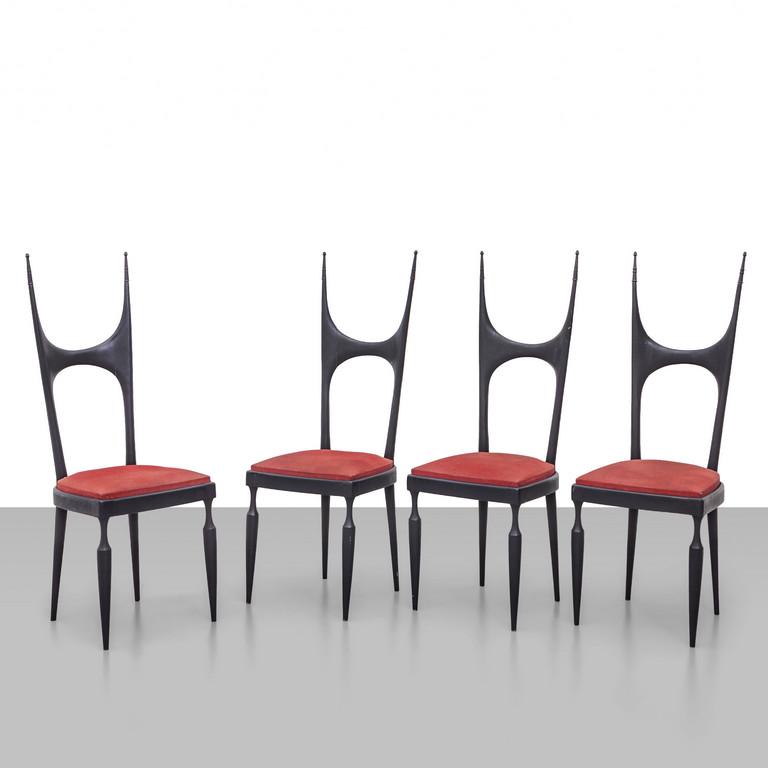 POZZI & VERGA (Editore) Quattro sedie, anni: POZZI & VERGA (Editore) Quattro sedie, anni '50. Legno laccato, imbottiture rivestite in tessuto. Altezza cm 113, larghezza 42, profonditÃ 45. A set of four chairs, 1950's. Painted wood and fabric