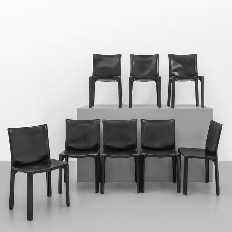 MARIO BELLINI Otto sedie 'Cab' per CASSINA,: MARIO BELLINI Otto sedie 'Cab' per CASSINA, 1977. Struttura in tubo di acciaio, rivestimento in cuoio. Etichette originali. Altezza cm 82, larghezza 47, profonditÃ 45. A set of eight 'Cab' chairs m