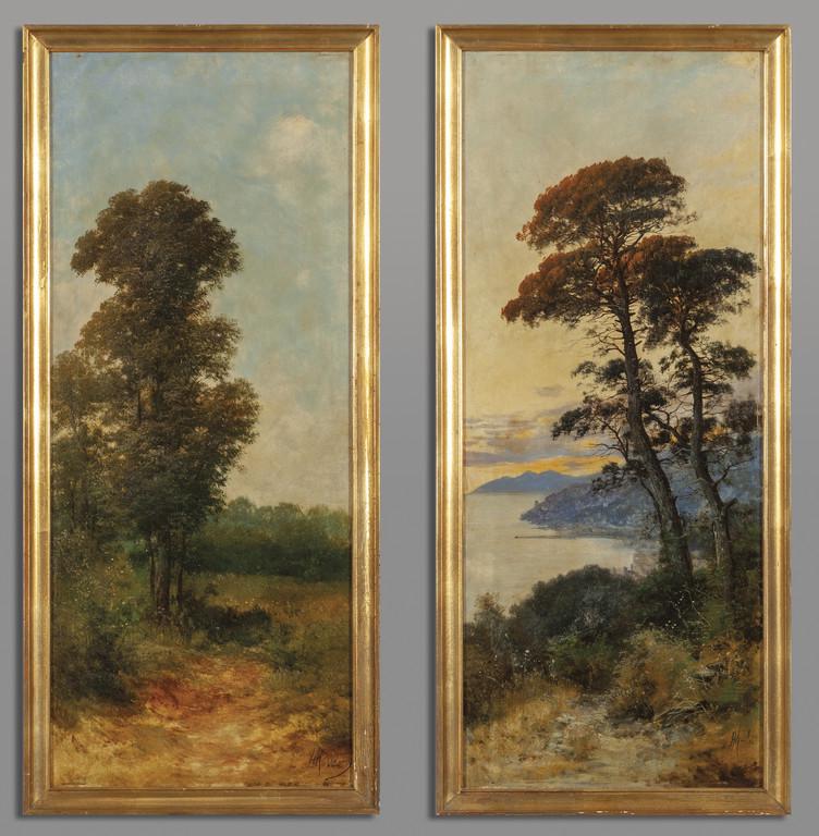 HENRY MARKO' (1855-1921) Vedute della riviera: HENRY MARKO' (1855-1921) Vedute della riviera coppia di olii cm. 34 x 86 f.ti in b.a ds.