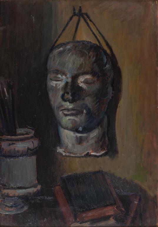 PIERO MARUSSIG (1879-1937) Natura morta con: PIERO MARUSSIG (1879-1937) Natura morta con scultura 1935 olio su cartone cm 50,5x35,5 firmato in basso a destra sul retro: timbro della Galleria d'Arte R.Rotta, Genova certificato su foto della Galle