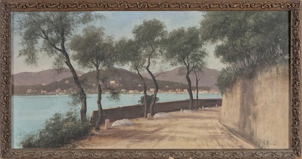 HENRY MARKO' (1855-1921) Veduta: HENRY MARKO' (1855-1921) Veduta ligure olio cm.58x30 f.to in b. a ds.