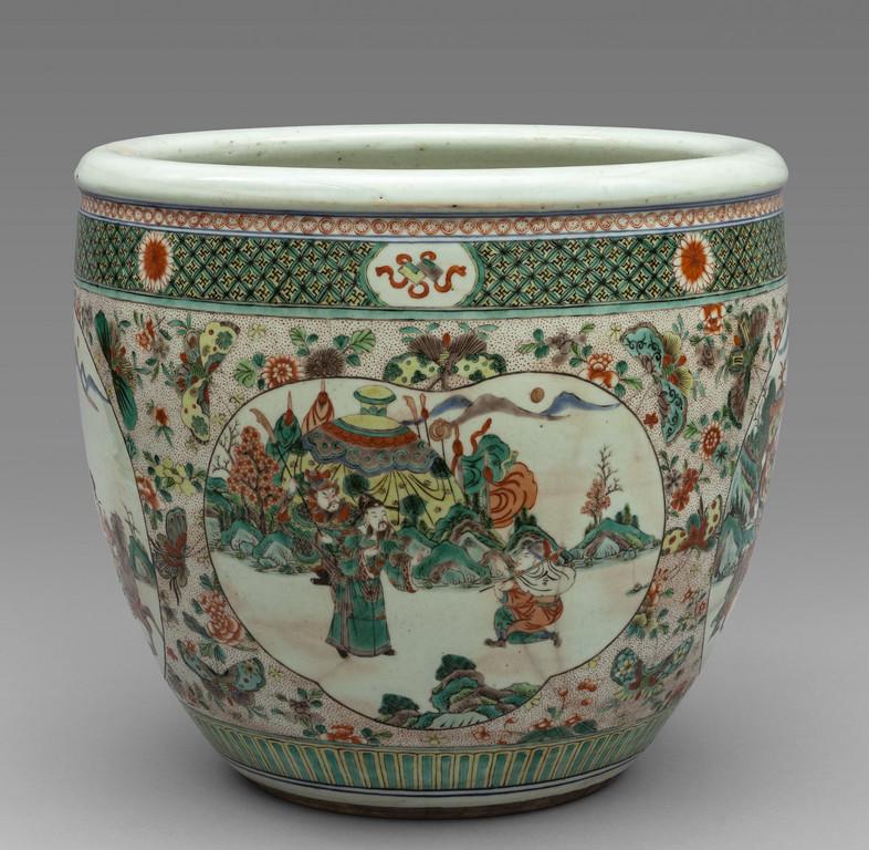 Cachepot in porcellana policroma famiglia verde, (1 of 2)