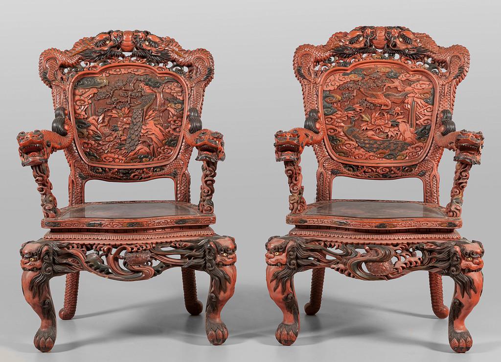 Coppia di grandi poltrone cinesi in lacca rossa, (1 of 1)