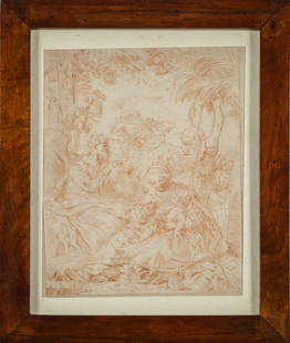 Scuola italiana sec.XVIII (Simone Cantarini): Scuola italiana sec.XVIII (Simone Cantarini) "Riposo dalla fuga in Egitto" disegno a sanguigna cm. 20x27