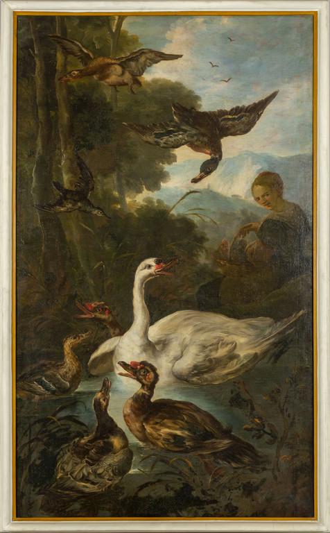 Angelo Maria CRIVELLI detto IL CRIVELLONE: Angelo Maria CRIVELLI detto IL CRIVELLONE (-1730) "Oca, papere e contadina" olio cm. 118x200