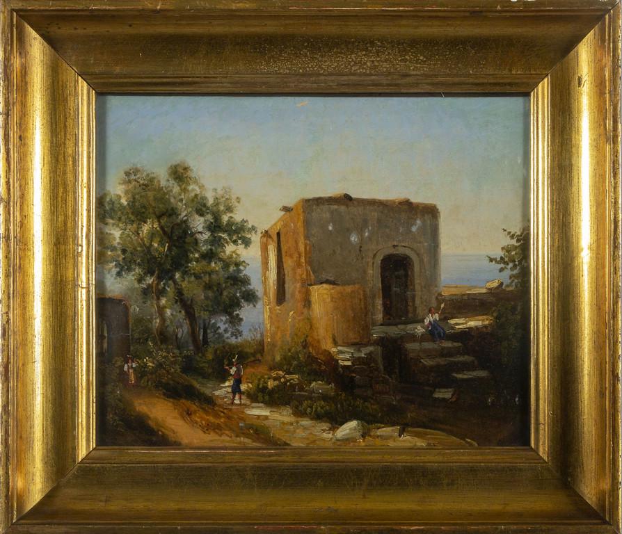 GIACINTO GIGANTE (1806-1876) Paesaggio con: GIACINTO GIGANTE (1806-1876) Paesaggio con personaggi olio su tavola cm.32x29 f.to in b.a sn.