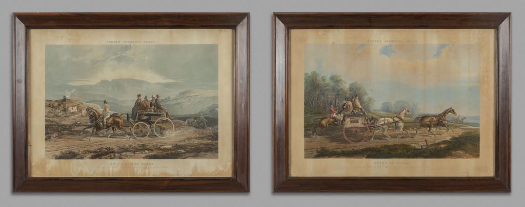 Escursione a cavallo, coppia di stampe colorate: Escursione a cavallo, coppia di stampe colorate da J.Harris Londra, sec.XIX, cornici in legno cm. 68x44