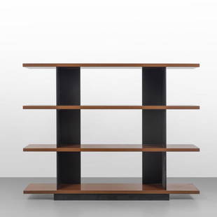 RODOLFO BONETTO, BILUMEN Una libreria a: RODOLFO BONETTO, BILUMEN Una libreria a elementi componibili del sistema 'Brasilia', 1975. Lamiera di acciaio verniciata, legno laccato. Cm 160 (h) x 124 x 31. A bookshelf from the 'Brasilia' system,