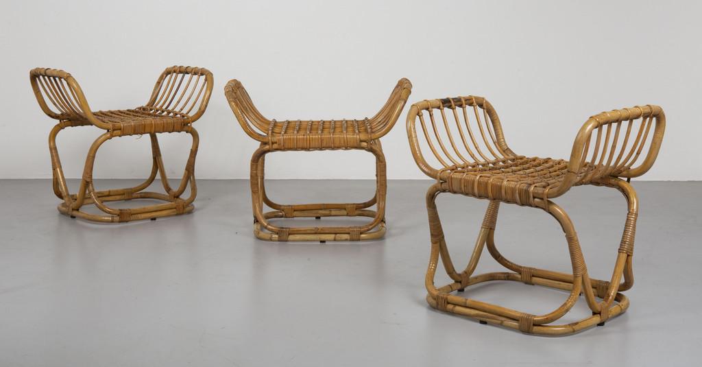 TRE SGABELLI, anni '60.  Malacca, giunco e (1 of 1)