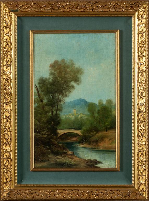 HENRY MARKO' (1855-1921) Paesaggio con: HENRY MARKO' (1855-1921) Paesaggio con ponte olio cm.27x43 f.to in b. a s.