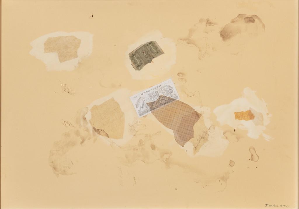 GIULIO TURCATO (1912-1995) Una lira 1973: GIULIO TURCATO (1912-1995) Una lira 1973 ca inchiostro, olio e collage su cartone cm 51x73 firmato in basso a destra autentica su foto dell'Archivio Giulio Turcato N.DML 192010EZ11KB Una lira 1973 ca