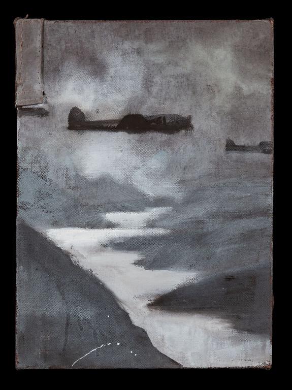 LUCA PIGNATELLI (1962-) Ricognizione: LUCA PIGNATELLI (1962-) Ricognizione 2001 olio su telone di copertura di vagone ferroviario cm 43,5x31,5 firmato, datato e titolato sul retro autentica dell'artista su foto Ricognizione 2001 oil on a