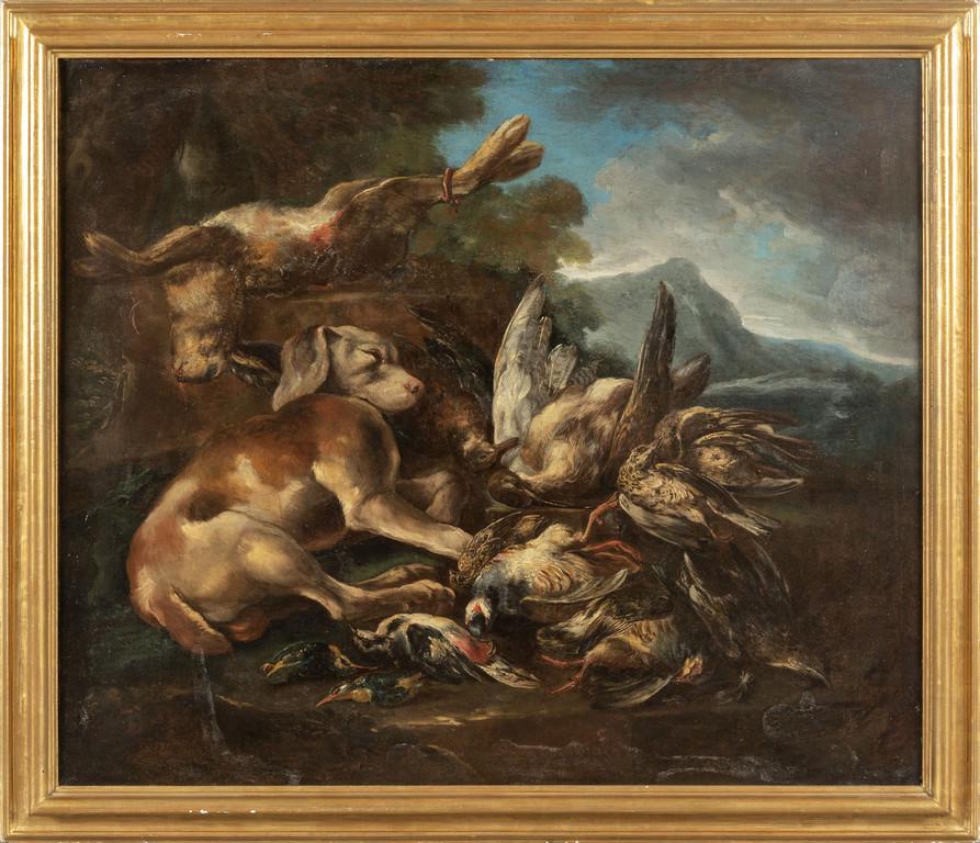 Angelo Maria CRIVELLI detto IL CRIVELLONE: Angelo Maria CRIVELLI detto IL CRIVELLONE (-1730) "Cane e cacciagione" olio cm. 127x105