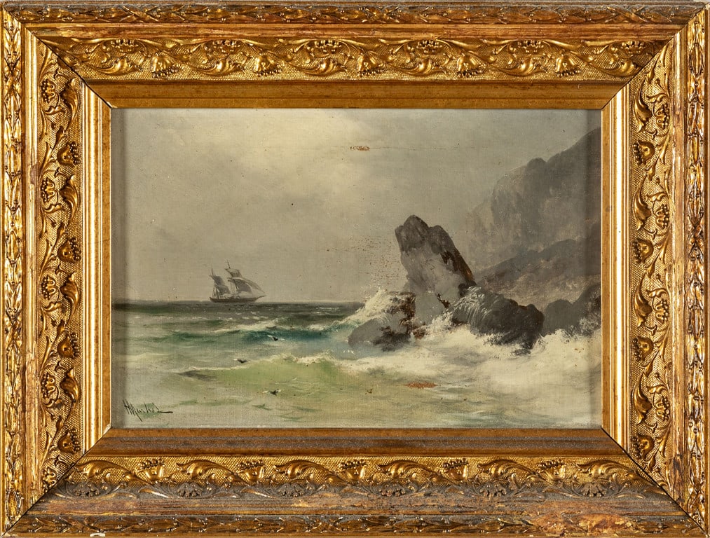 HENRY MARKO' (1855-1921) Marina con: HENRY MARKO' (1855-1921) Marina con veliero olio cm.30x20 f.to in b. a s.