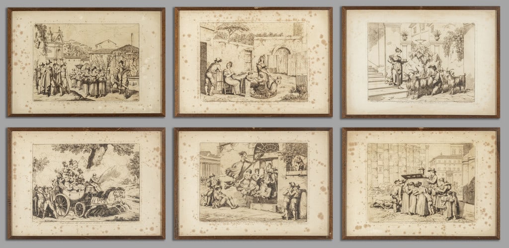 Bartolomeo Pinelli "Scene popolari presso Roma": Bartolomeo Pinelli "Scene popolari presso Roma" sei stampe, sec.XIX cm.tot.40x60