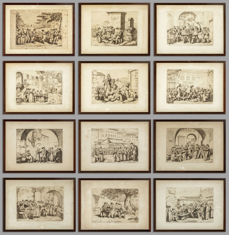 Bartolomeo Pinelli "Scene popolari presso Roma": Bartolomeo Pinelli "Scene popolari presso Roma" dodici stampe, sec.XIX cm.tot.60x44