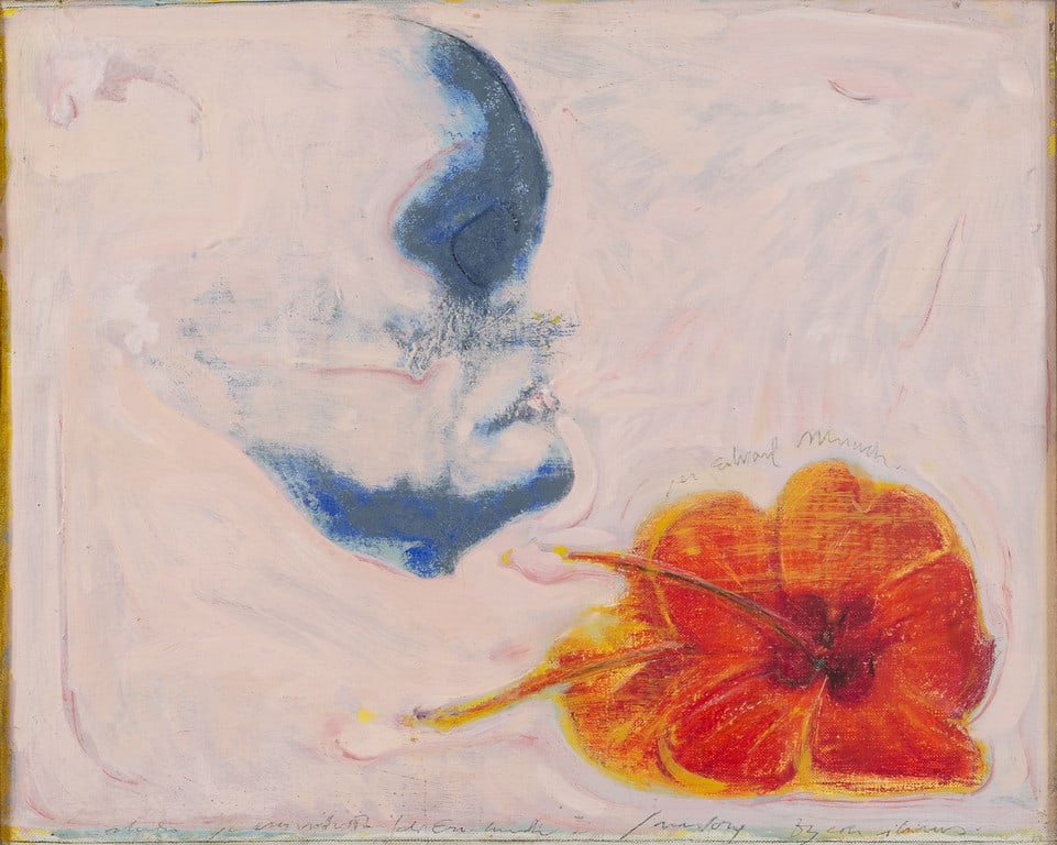 PIERO GUCCIONE (1935-2018) Studio per un: PIERO GUCCIONE (1935-2018) Studio per un ritratto di Edvard Munch, con ibiscus 1973 olio su tela cm 30,5x38 firmato e titolato sulla parte inferiore firmato, datato e titolato sul retro sul retro: eti