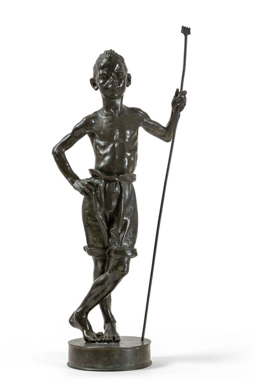 FRANCESCO MESSINA (1900-1995) Piccolo: FRANCESCO MESSINA (1900-1995) Piccolo fiociniere (Bambino con la fiocina) 1932 circa scultura in bronzo h cm 60 firmato alla base provenienza: Collezione Privata, Genova Piccolo fiociniere (Bambino co