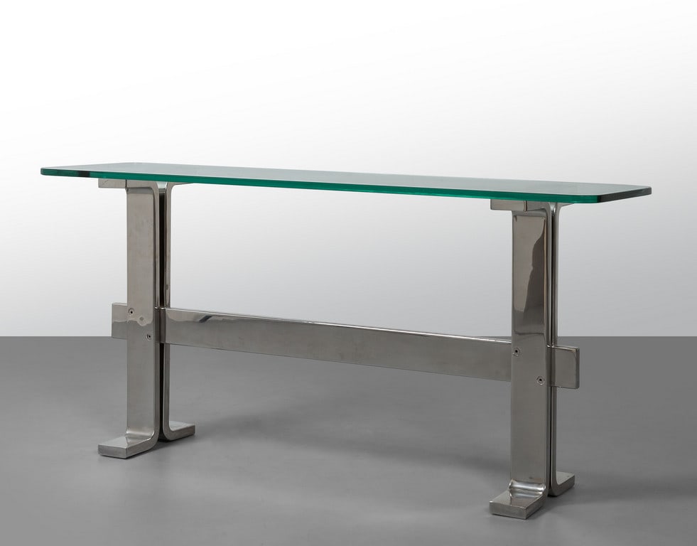 UNA CONSOLE, anni '70.  Acciaio inox cromato, (1 of 2)