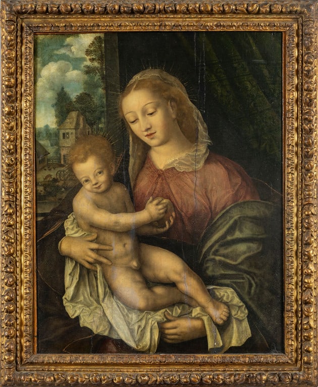 Scuola fiamminga sec.XVI (ambito di Quentin: Scuola fiamminga sec.XVI (ambito di Quentin Massys e Joos van Cleve) "Madonna con Bambino" olio su tavola cm. 60x76