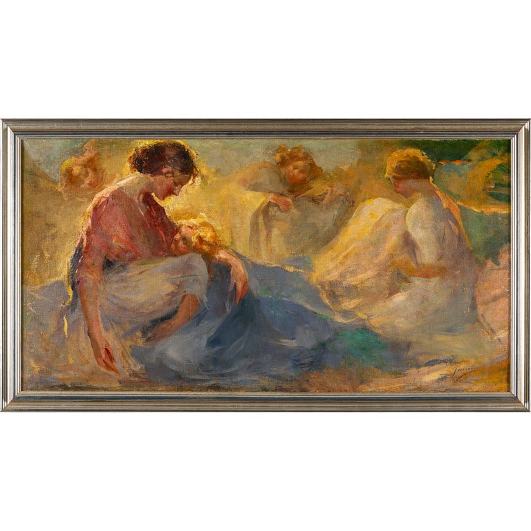 GAETANO PREVIATI (1852-1920) Madonna con il: GAETANO PREVIATI (1852-1920) Madonna con il Bambino ed Angeli olio cm.100x52 f.to in b.a ds. esposto alla mostra "Gaetano Previati, vent'anni in Liguria" (1901-1920)" foto n.16, mostra tenutasi a Vill