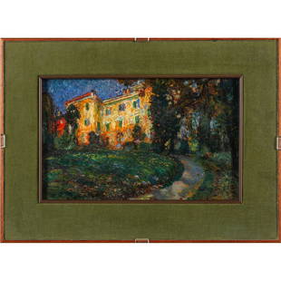 LEONARDO BISTOLFI (1859-1933) Casa in un: LEONARDO BISTOLFI (1859-1933) Casa in un parco olio su tavoletta cm.24x15 f.to in b. a ds.