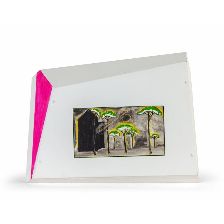 ENZO CUCCHI (1949-) Costume interiore: ENZO CUCCHI (1949-) Costume interiore olio su tela in struttura architettonica su legno dipinto cm 23x56x37,5 (tela cm 15x28,5) Costume interiore oil on canvas on architectural structure on painted wo