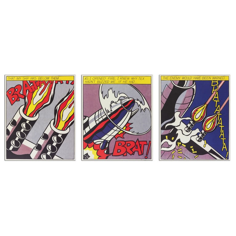 ROY LICHTENSTEIN (1923-1997) As I opened fire: ROY LICHTENSTEIN (1923-1997) As I opened fire 1966 litografia (trittico) cm 64x156 misure totali firmato in basso a destra del primo elemento As I opened fire 1966 lithograph (triptych) 25,19x61,41 in