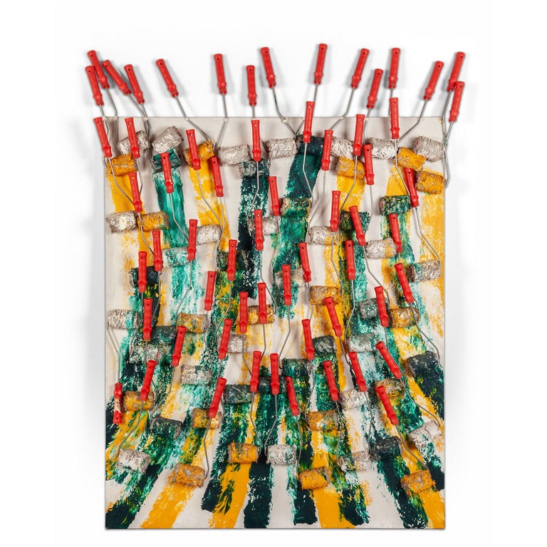 FERNANDEZ ARMAN (1928-2005) Statement: FERNANDEZ ARMAN (1928-2005) Statement 1990 olio e rulli su tela cm 160x130 (cm 187x135 misure totali) firmato sul bordo in basso a sinistra autentica dell'artista su foto autentica su foto degli Archi