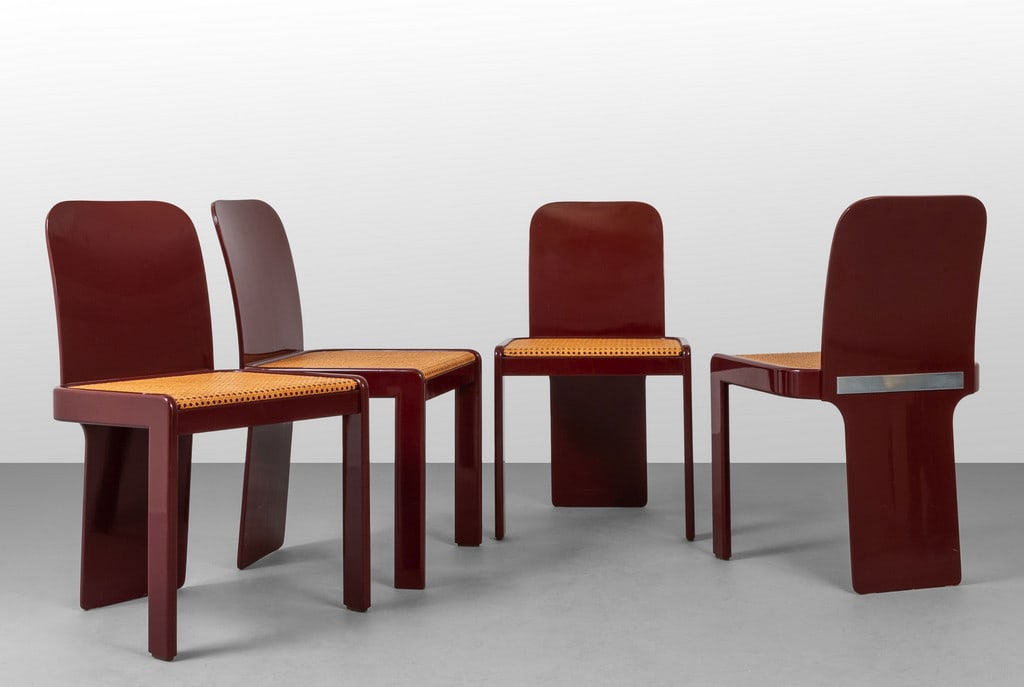 PIERLUIGI MOLINARI, POZZI, anni '70. Quattro: PIERLUIGI MOLINARI, POZZI, anni '70. Quattro sedie. Legno laccato, canna d'India, acciaio cromato. Altezza cm 80, larghezza 47, profondità 42.