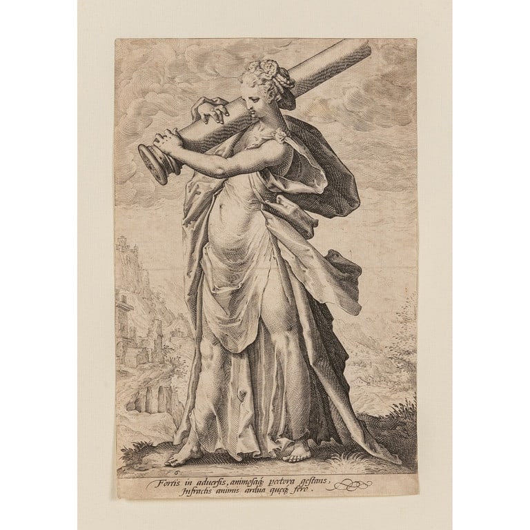 Jacob Matham (da H.Golzius) Fortitudo, 1585: Jacob Matham (da H.Golzius) Fortitudo, 1585 ca. mm.142x215 primo stato, buon contrasto, ma rifilatura irregolare dentro i bordi, piegatura centrale