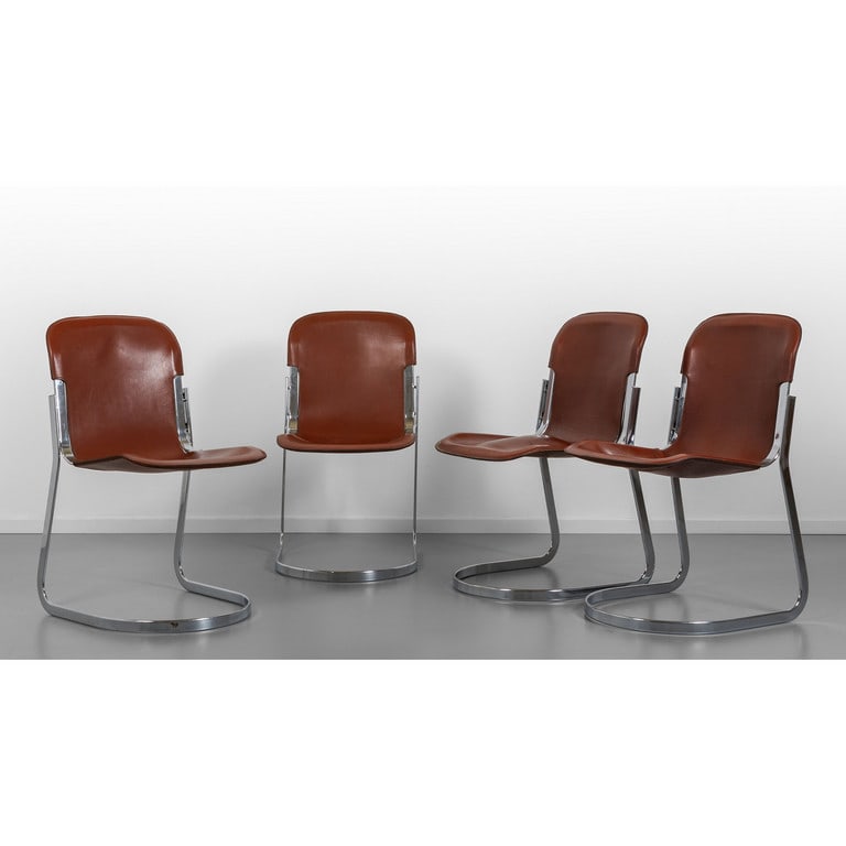 WILLY RIZZO, CIDUE, anni '70. Quattro: WILLY RIZZO, CIDUE, anni '70. Quattro sedie. Acciaio cromato, cuoio. Altezza cm 83, larghezza 44, profondità 56. Letteratura: Domus 566 (gennaio 1977), pubblicità.