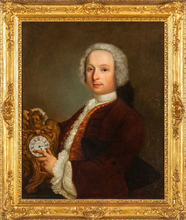 Attr. a Pietro Falca, detto Pietro Longhi: Attr. a Pietro Falca, detto Pietro Longhi (Venezia 1701-Venezia 1785) "Ritratto di nobiluomo con orologio da tavolo", olio su tela cm. 65x80 Iscrizione al centro dell'orologio A'SSON Vedi scheda stori