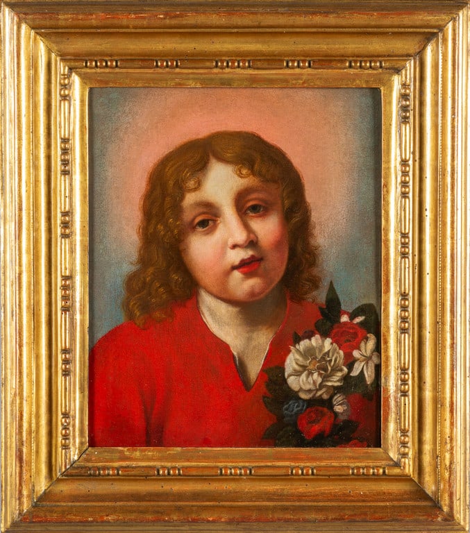 Attr.a Onorio Marinari (Firenze, 1627-1716) "Gesù: Attr.a Onorio Marinari (Firenze, 1627-1716) "Gesù Bambino con mazzo di fiori" olio cm. 32x40 Vedi scheda storico-scientifica ed attributiva di Franco Paliaga (Firenze, 12/03/2018) Vedi scheda storico