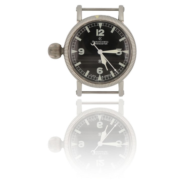 CHRONOSWISS - Modello "Timemaster", ref.: CHRONOSWISS - Modello "Timemaster", ref. ch6233sw, orologio di foggia militare in acciaio con particolare cinturino in pelle di grandi dimensioni, animato da movimento meccanico a carica manuale visib