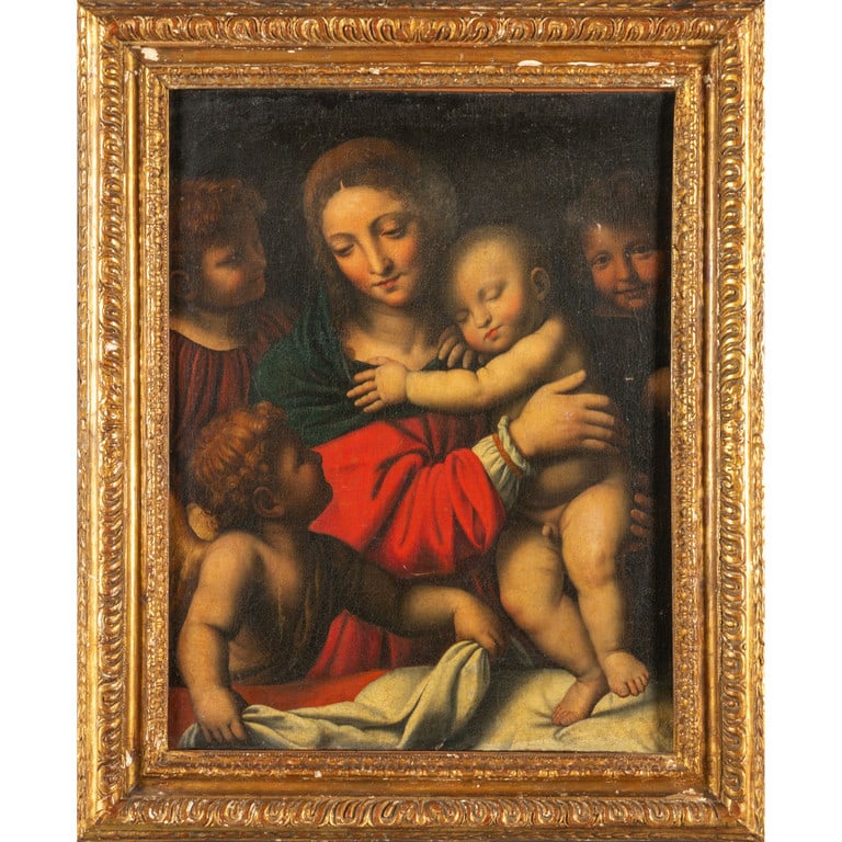 Scuola lombarda sec.XVII (da Bernardino Luini): Scuola lombarda sec.XVII (da Bernardino Luini) "Madonna con Bambino tra gli Angeli" olio, cornice in legno intagaliato e dorato cm. 60x80 cfr. il dipinto conservato al Museo del Louvre dove però la p