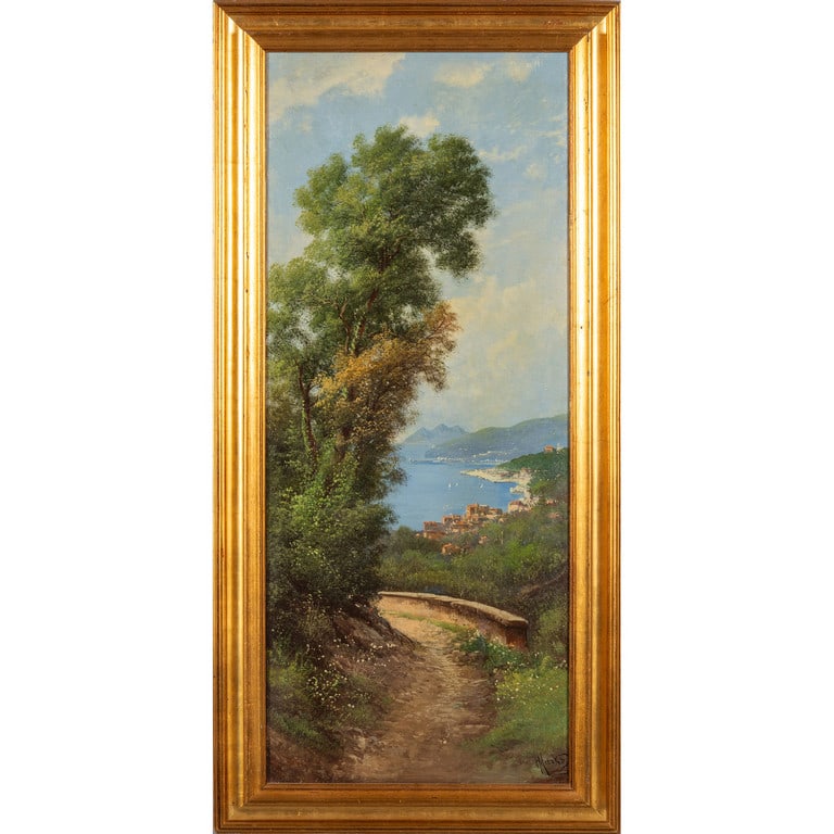 HENRY MARKO' (1855-1921) Riviera ligure dalle: HENRY MARKO' (1855-1921) Riviera ligure dalle alture olio cm.40x96 f.to in b. a ds.